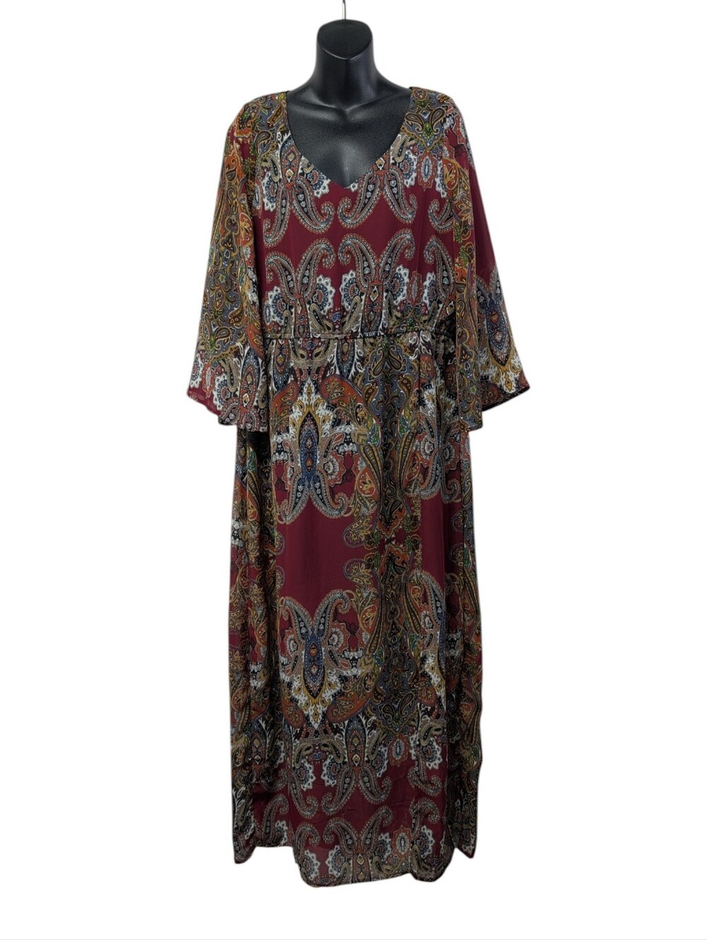 Signature Collection Paisley Maxi Dress L  Floral Boho 3/4 Bell Sleeve V-neck